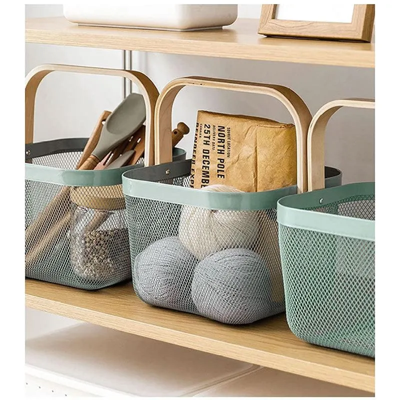 Multi-Functional Mesh Storage Basket with a Wooden Handle -SQ GREEN
