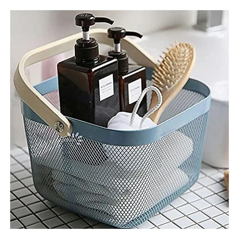 Multi-Functional Mesh Storage Basket with a Wooden Handle -SQ GREY