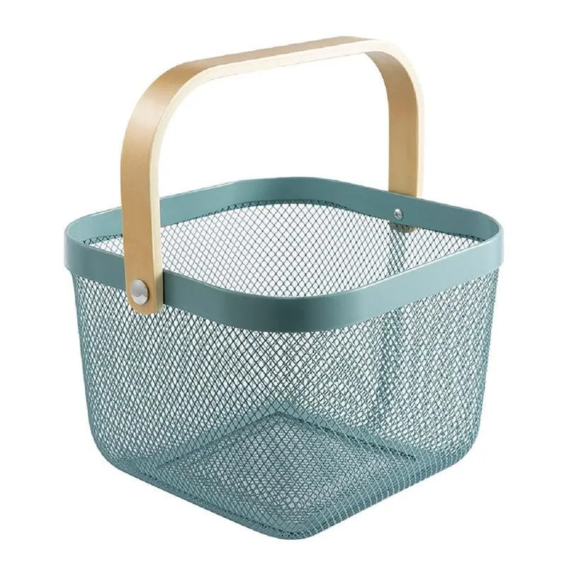Multi-Functional Mesh Storage Basket with a Wooden Handle -SQ GREY