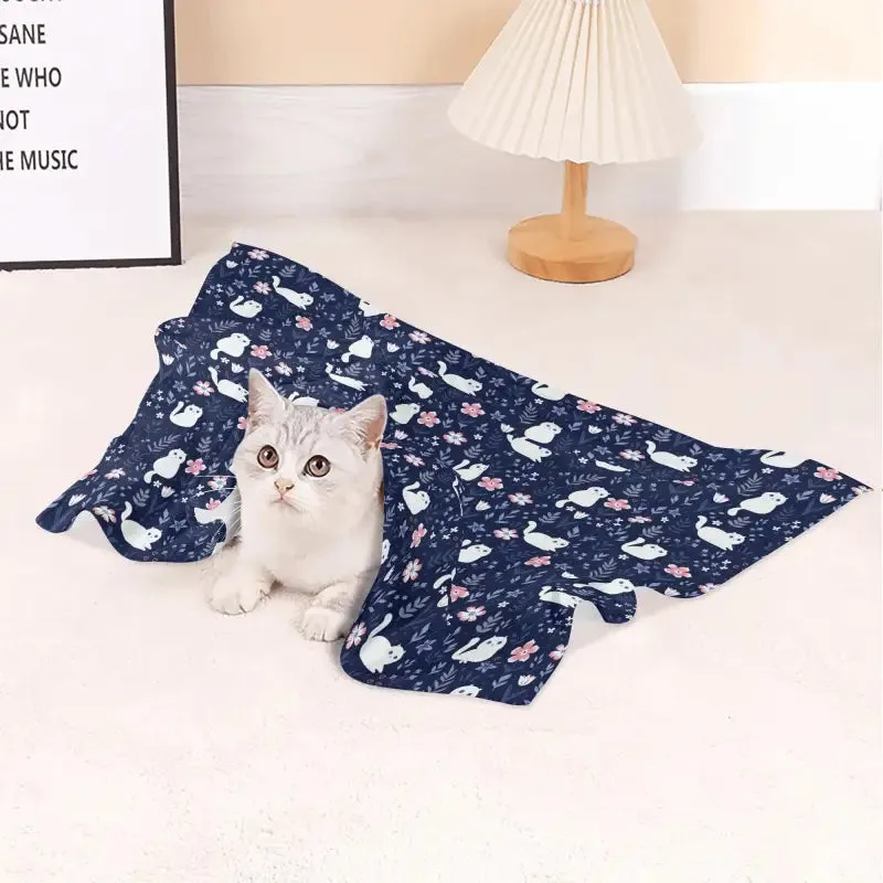 Navy Blue Floral Flannel Blanket for Cats and Dogs