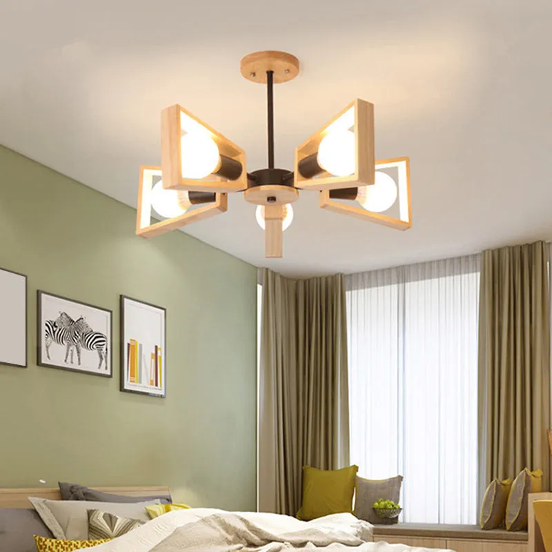 Nordic Style White Chandelier Light Fixture - Wooden Fan Shaped Ceiling Lighting for Dining Room