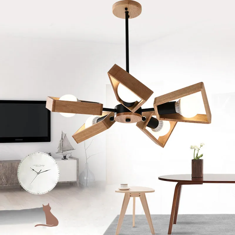 Nordic Style White Chandelier Light Fixture - Wooden Fan Shaped Ceiling Lighting for Dining Room