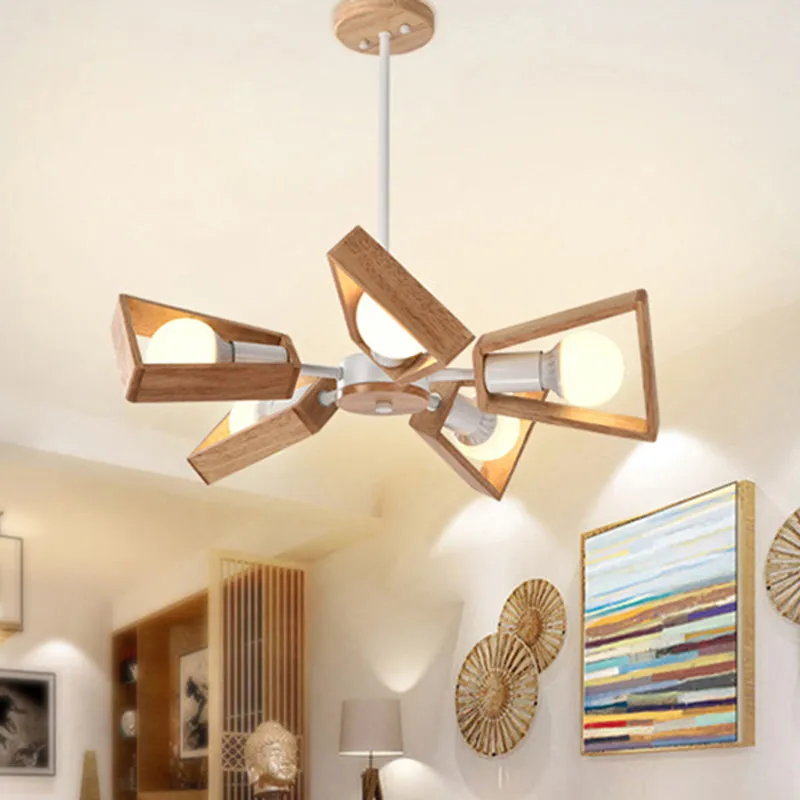 Nordic Style White Chandelier Light Fixture - Wooden Fan Shaped Ceiling Lighting for Dining Room