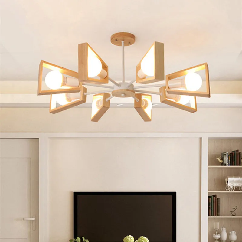 Nordic Style White Chandelier Light Fixture - Wooden Fan Shaped Ceiling Lighting for Dining Room