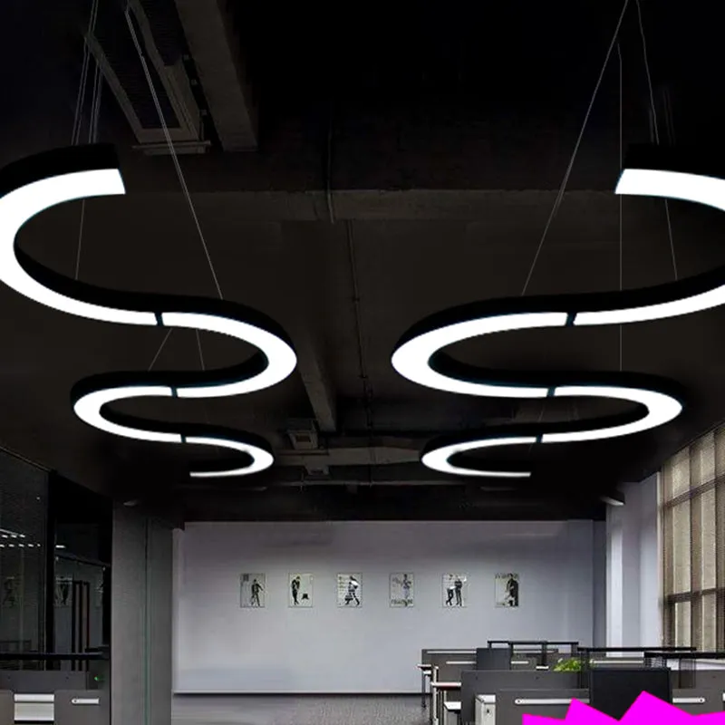 Office Ceiling Chandelier: Black Acrylic LED Pendant Light Fixture with C-Shaped Design