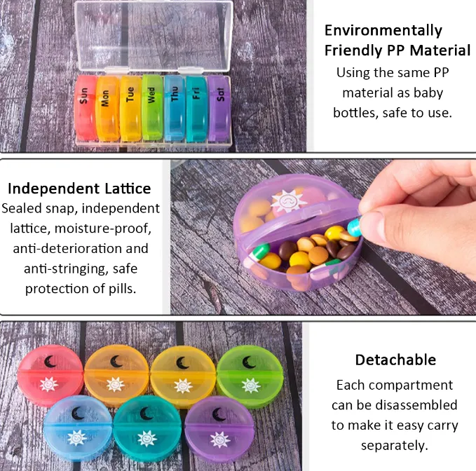 Pill Boxes 7-Day Pill Organizer With 2 Compartments Portable