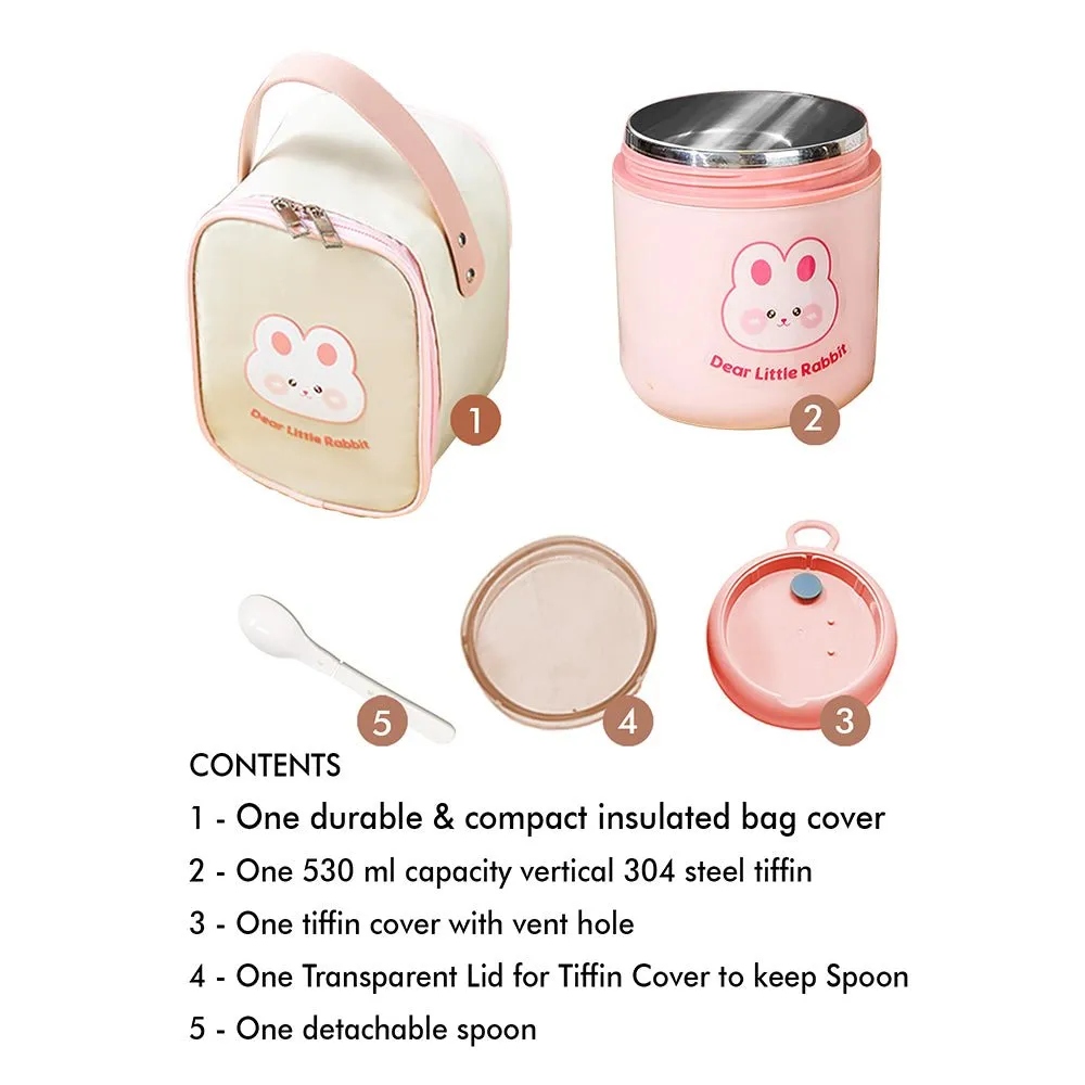 Pink Rabbit, Stainless Steel Soup Box /Tiffin with Insulated Vertical Tiffin Bag with detachable Spoon for Kids and Adults.
