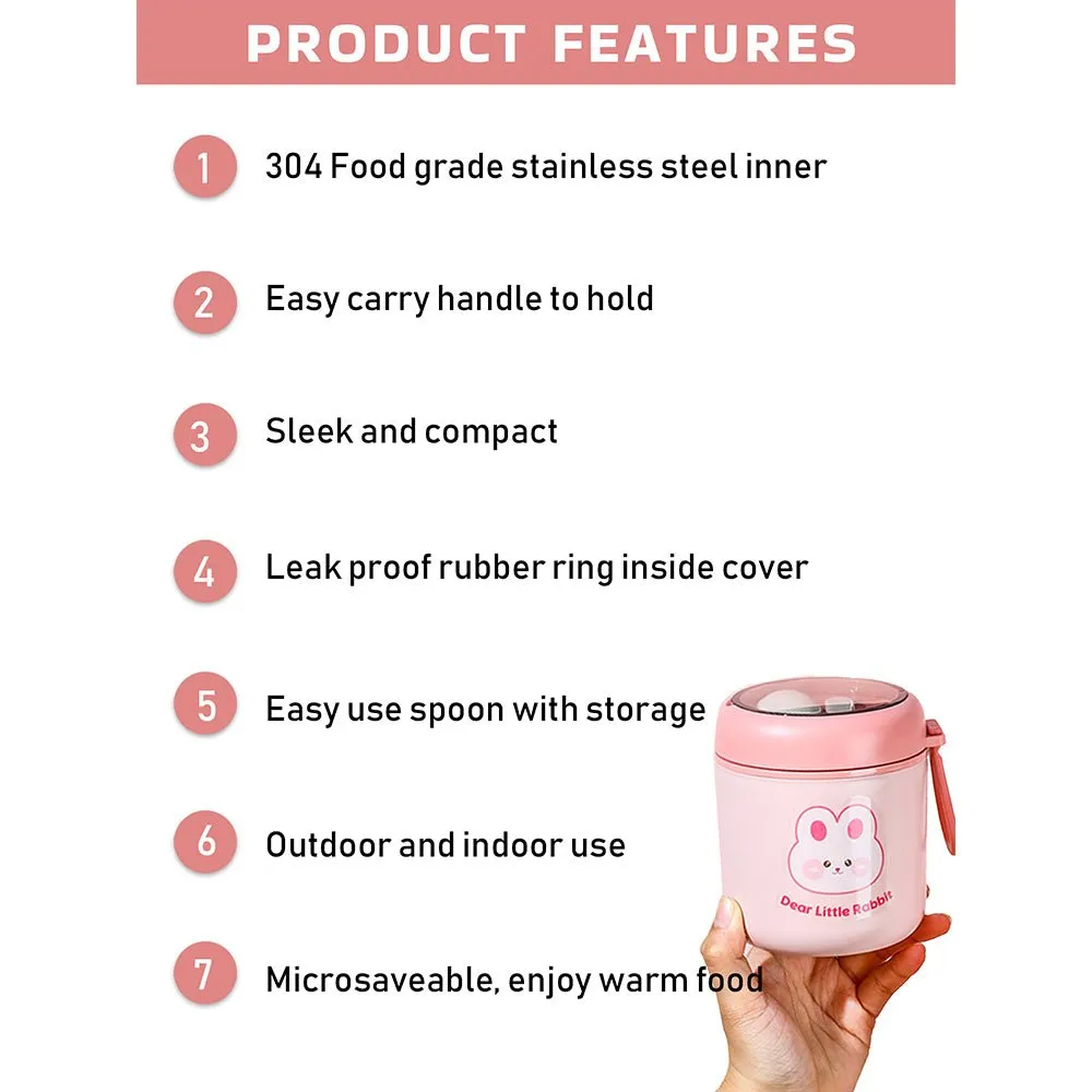 Pink Rabbit, Stainless Steel Soup Box /Tiffin with Insulated Vertical Tiffin Bag with detachable Spoon for Kids and Adults.