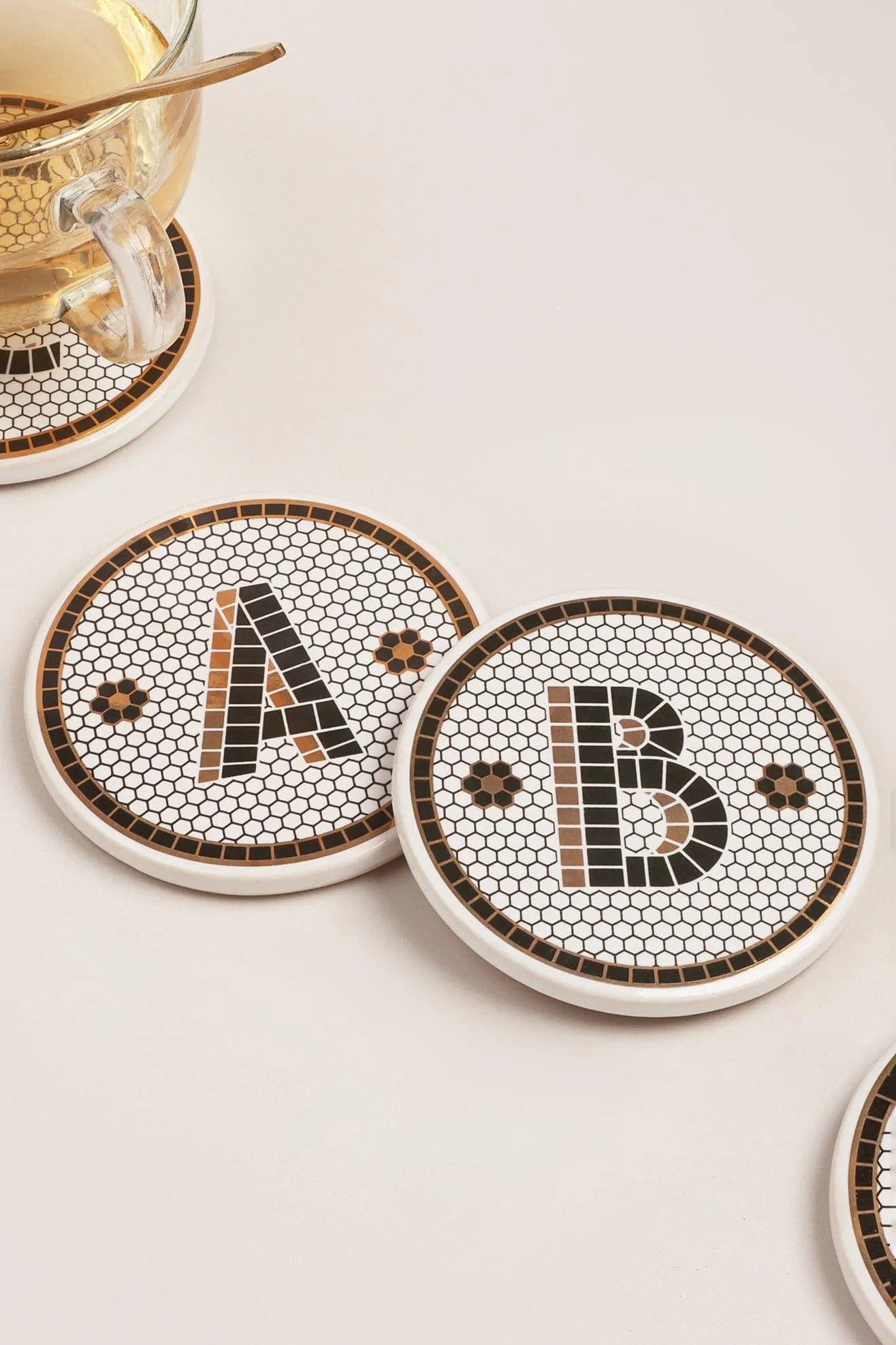 Pub Black and gold Tile Monogram alphabet initial coasters