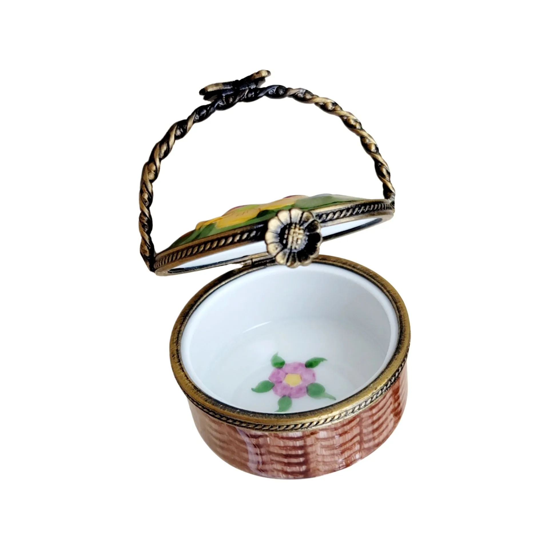 Round Flowers Basket Limoges Pill Box Porcelain