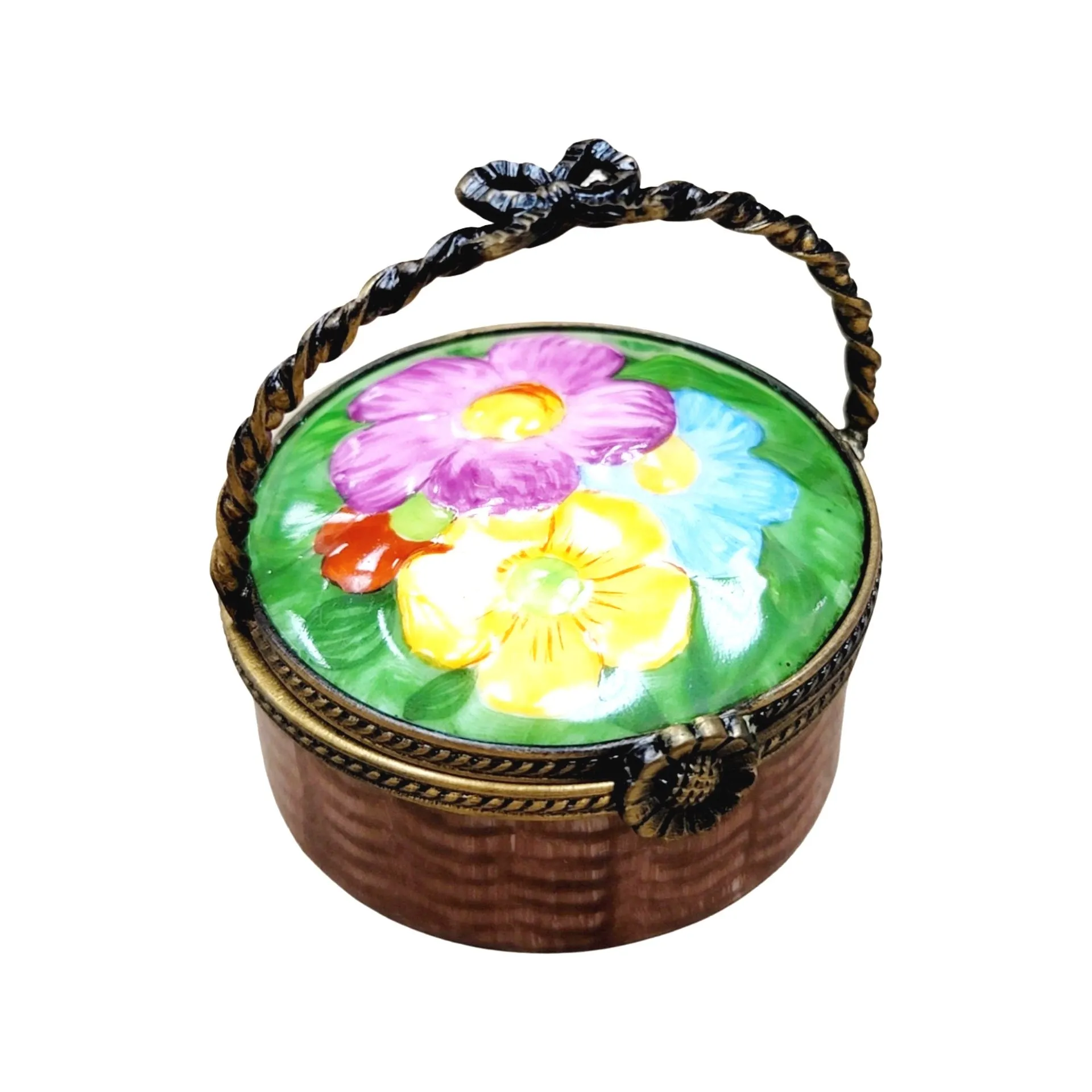 Round Flowers Basket Limoges Pill Box Porcelain