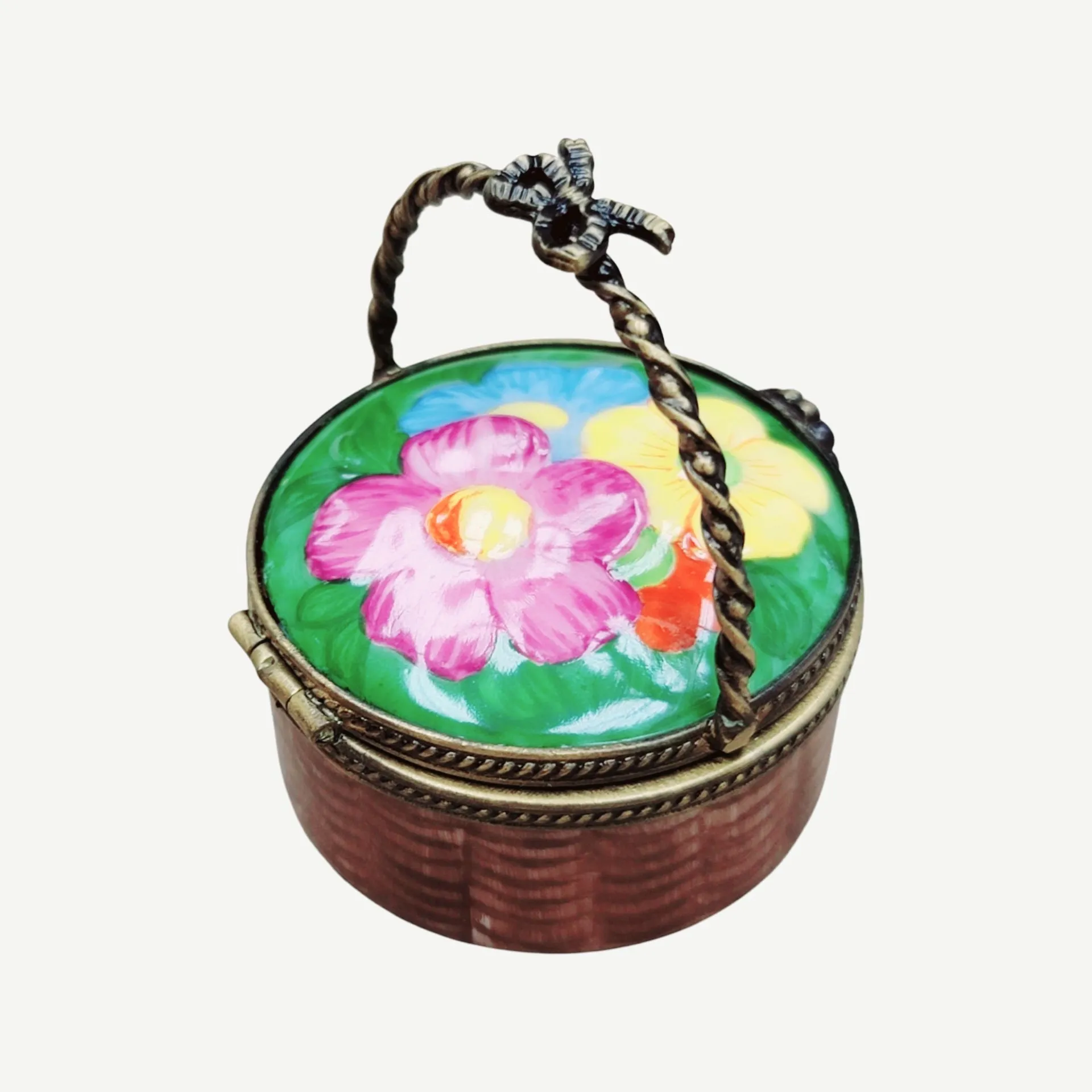 Round Flowers Basket Limoges Pill Box Porcelain