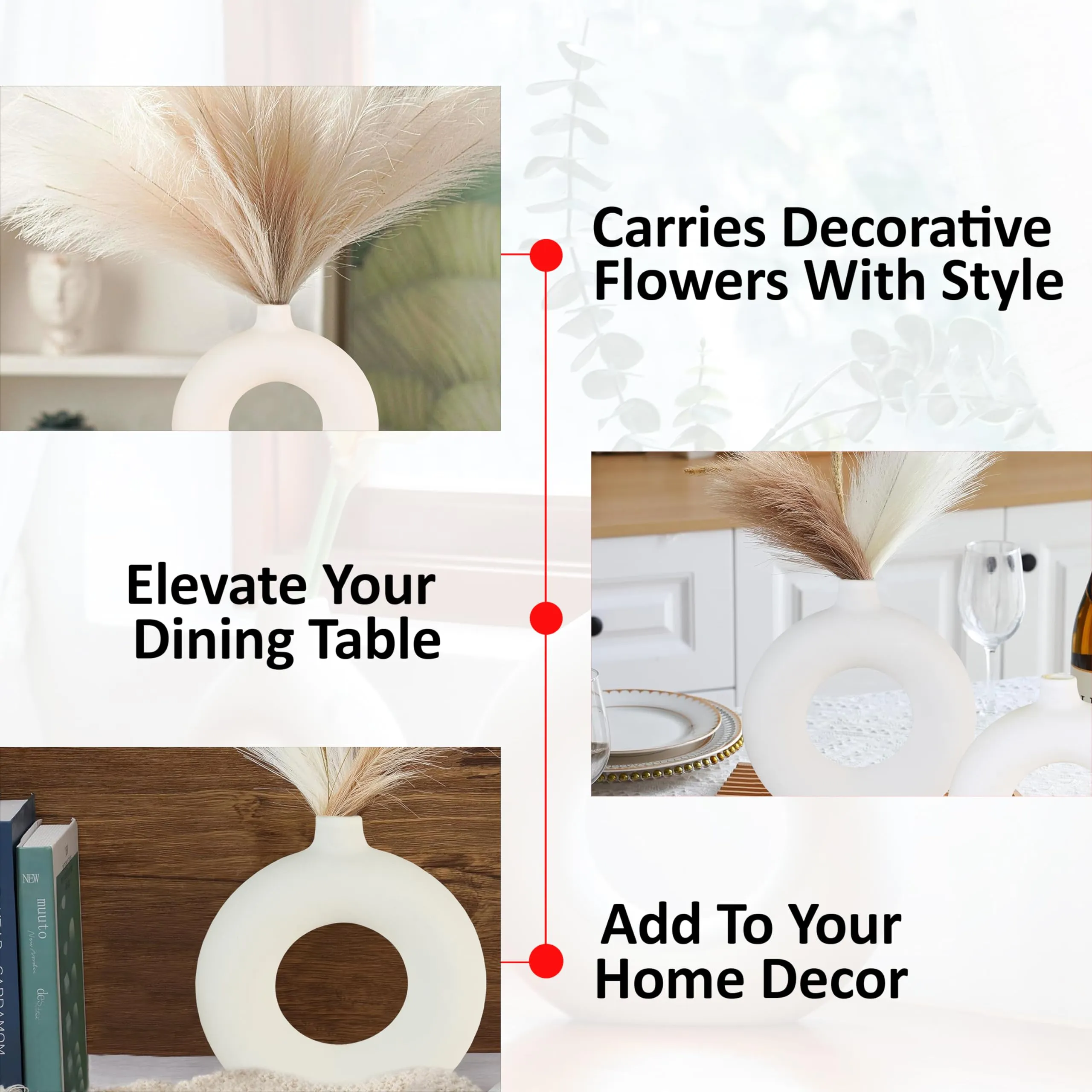 Rousrie Aesthetic Ceramic Flowers Vase for Living Room, Dining Table, Study Table Home Decoration, White Flower Pot for Gifting and Décor