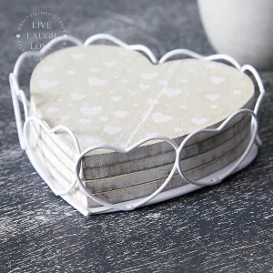 Set of 4 Wooden Heart Coasters In Metal Holder