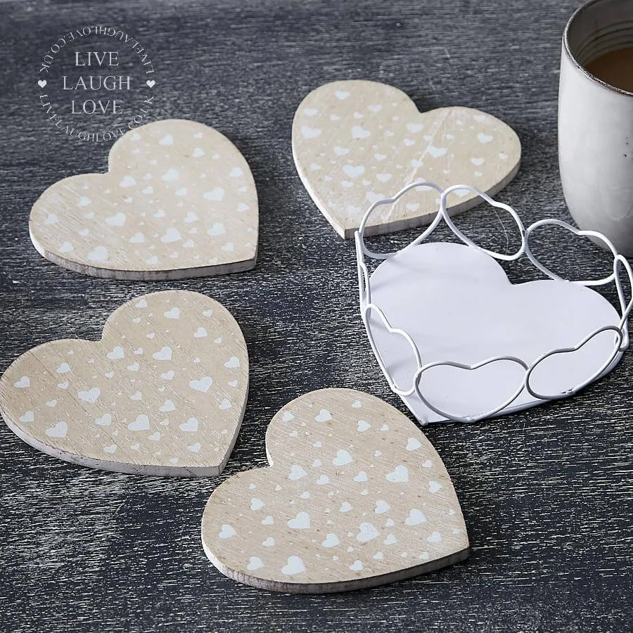 Set of 4 Wooden Heart Coasters In Metal Holder