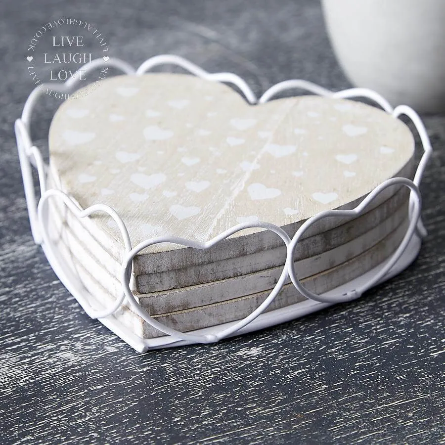 Set of 4 Wooden Heart Coasters In Metal Holder