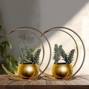 SH IMPEX Geometric Metal Flower Vase Diwali Gift Items for Home Decoration Tabletop, Side Table, Living Room, Home Office Decoration, Home Decorative Items, Golden 9 Inches Height (2 Piece)