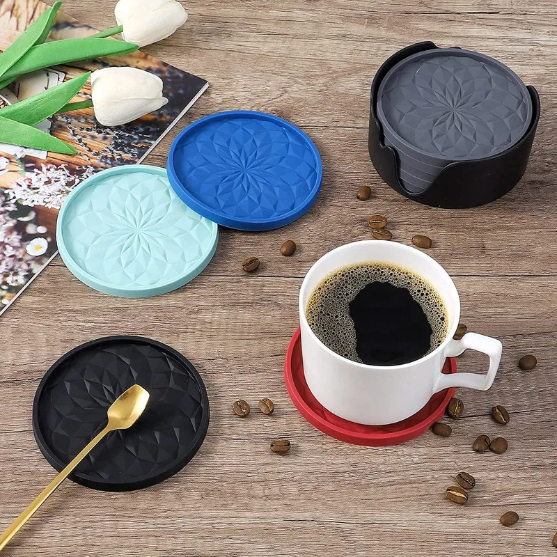 Silicone Coasters [6 Pack] Coasters with Holder - Drinking Coasters - Live for Hot or Cold Drink Thickened, Non-Slip, Non-Stick,