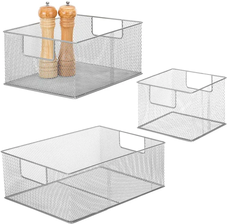 Silver Wire Nesting Storage Pantry Baskets with Handles, Shelf Organization Bins, Set of 3