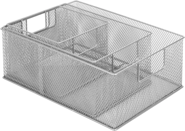 Silver Wire Nesting Storage Pantry Baskets with Handles, Shelf Organization Bins, Set of 3