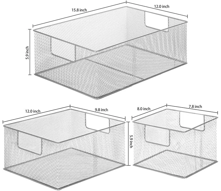 Silver Wire Nesting Storage Pantry Baskets with Handles, Shelf Organization Bins, Set of 3