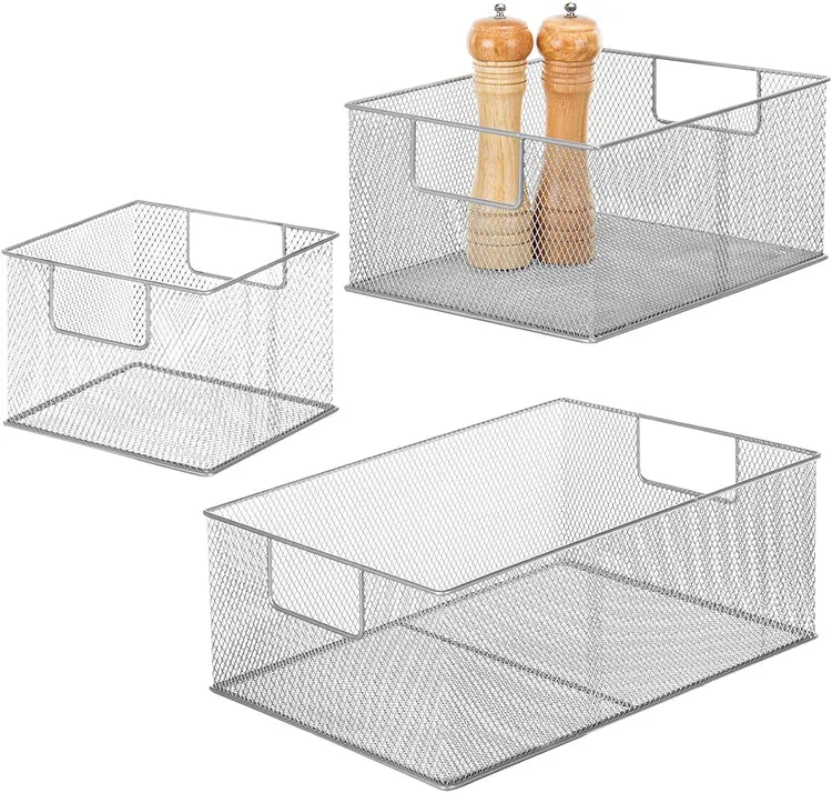 Silver Wire Nesting Storage Pantry Baskets with Handles, Shelf Organization Bins, Set of 3