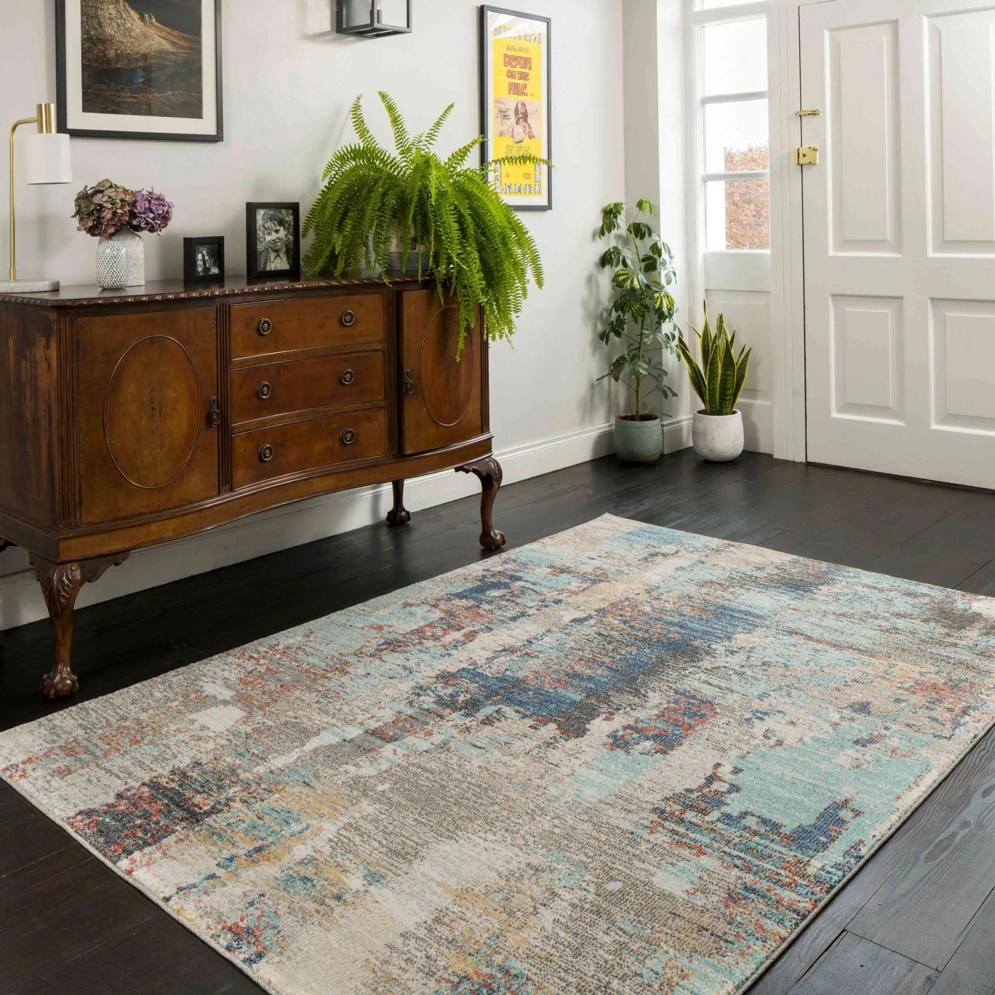 Soft Abstract Distressed Blue Hall Runner Rug