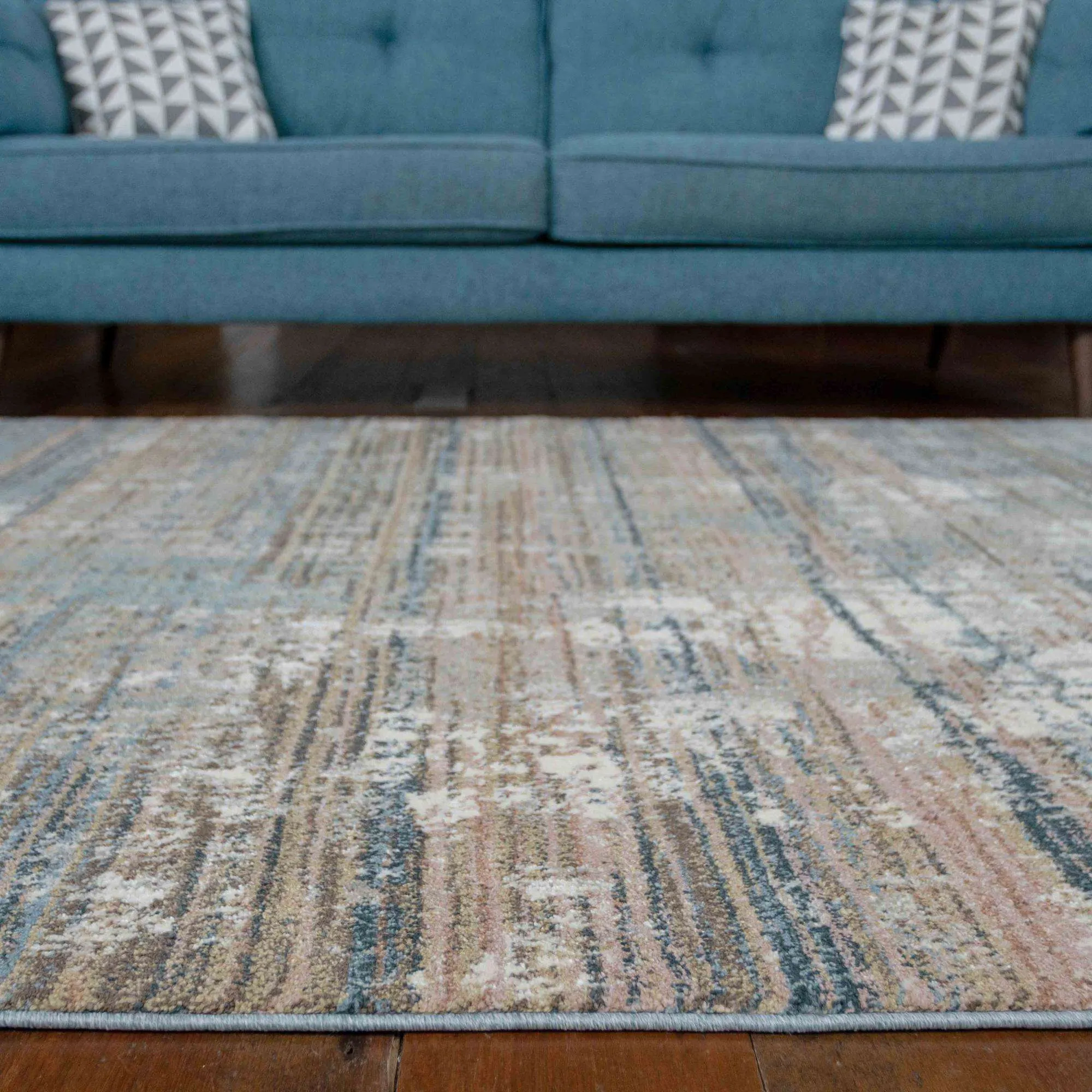 Soft Modern Blue Distressed Scratched Effect Rugs - Scatter