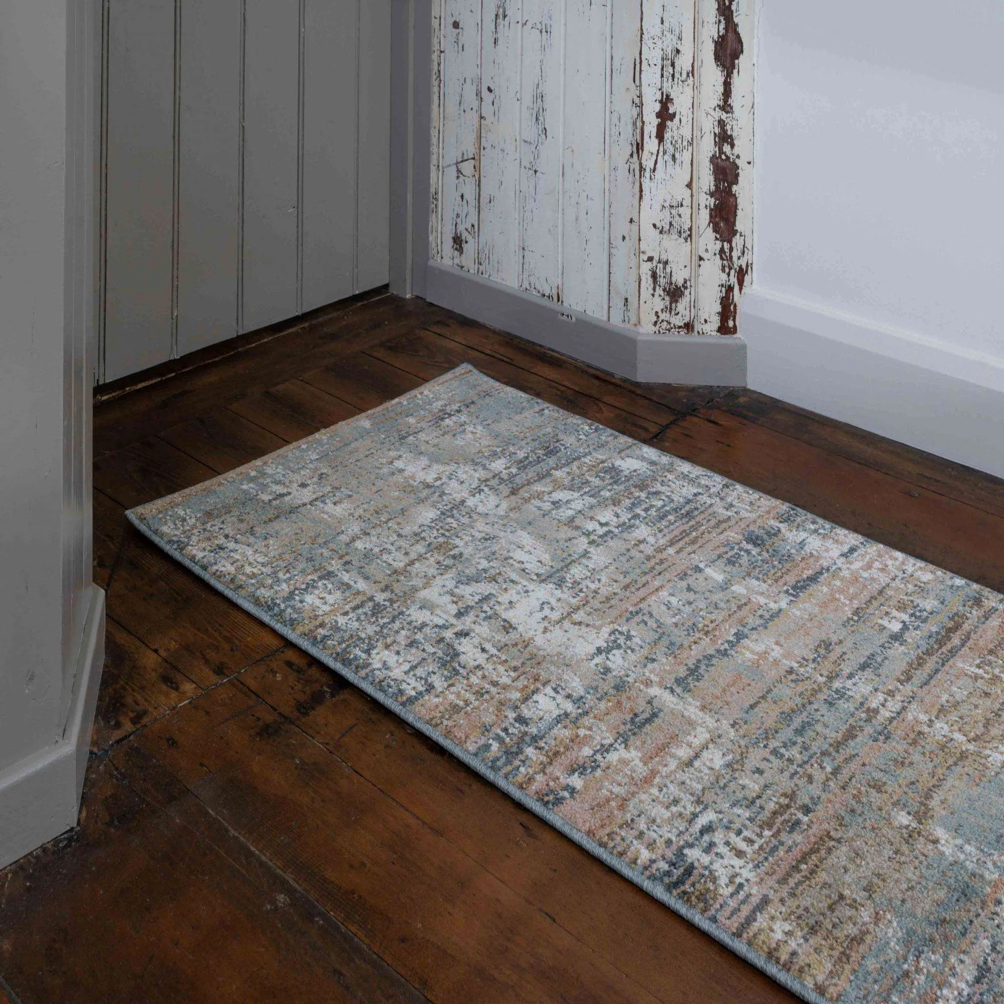Soft Modern Blue Distressed Scratched Effect Rugs - Scatter