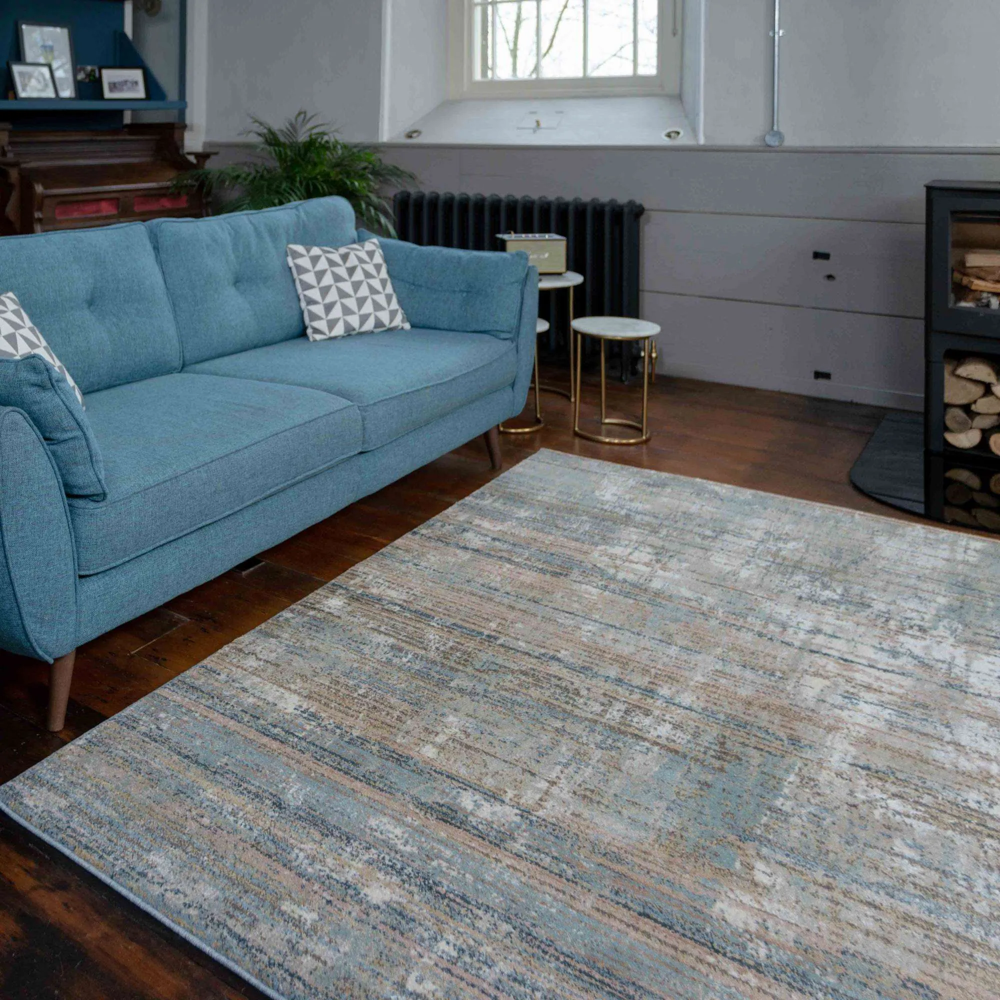 Soft Modern Blue Distressed Scratched Effect Rugs - Scatter