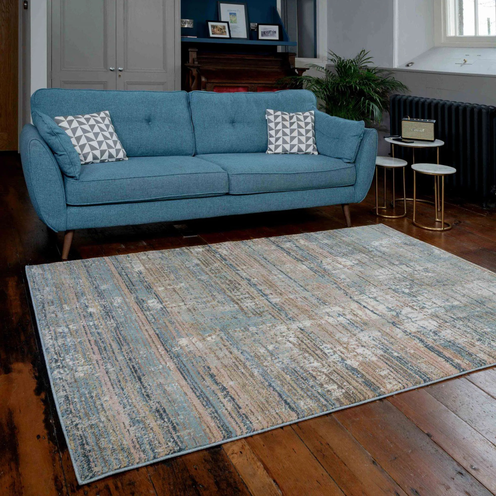 Soft Modern Blue Distressed Scratched Effect Rugs - Scatter