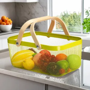The Better Home Rectangular Metal Mesh Basket for Storage with wooden handle | 720 Gm | Baskets for Organizing Home | Fruit Basket and Vegetable Basket for Kitchen | Kitchen Organizer | Green