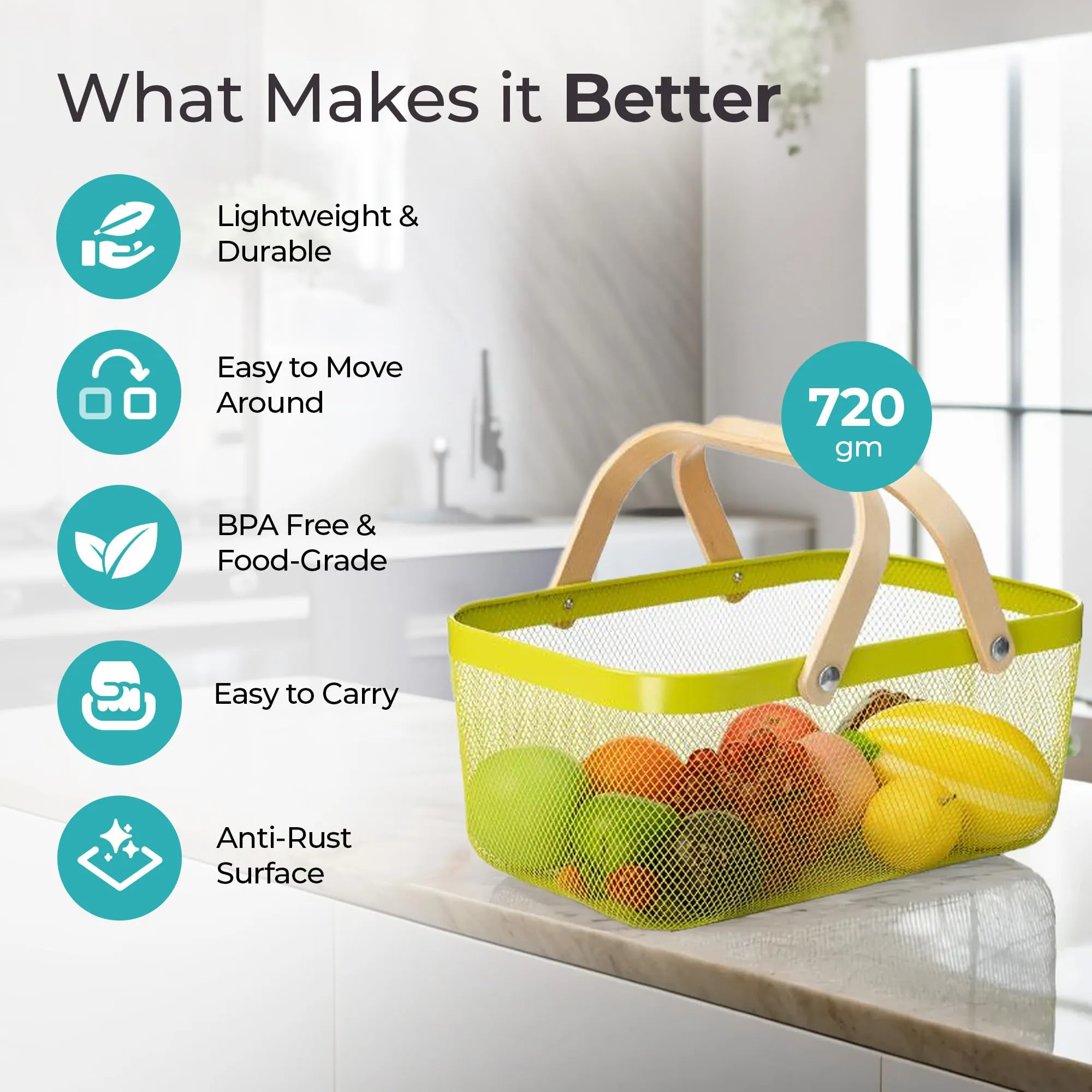 The Better Home Rectangular Metal Mesh Basket for Storage with wooden handle | 720 Gm | Baskets for Organizing Home | Fruit Basket and Vegetable Basket for Kitchen | Kitchen Organizer | Green