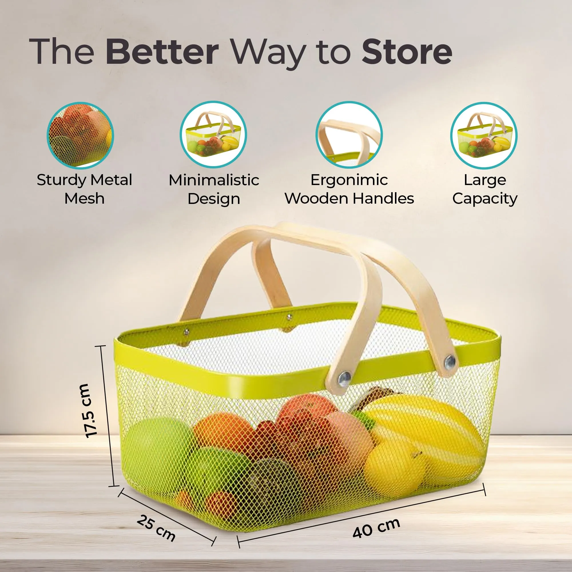 The Better Home Rectangular Metal Mesh Basket for Storage with wooden handle | 720 Gm | Baskets for Organizing Home | Fruit Basket and Vegetable Basket for Kitchen | Kitchen Organizer | Green