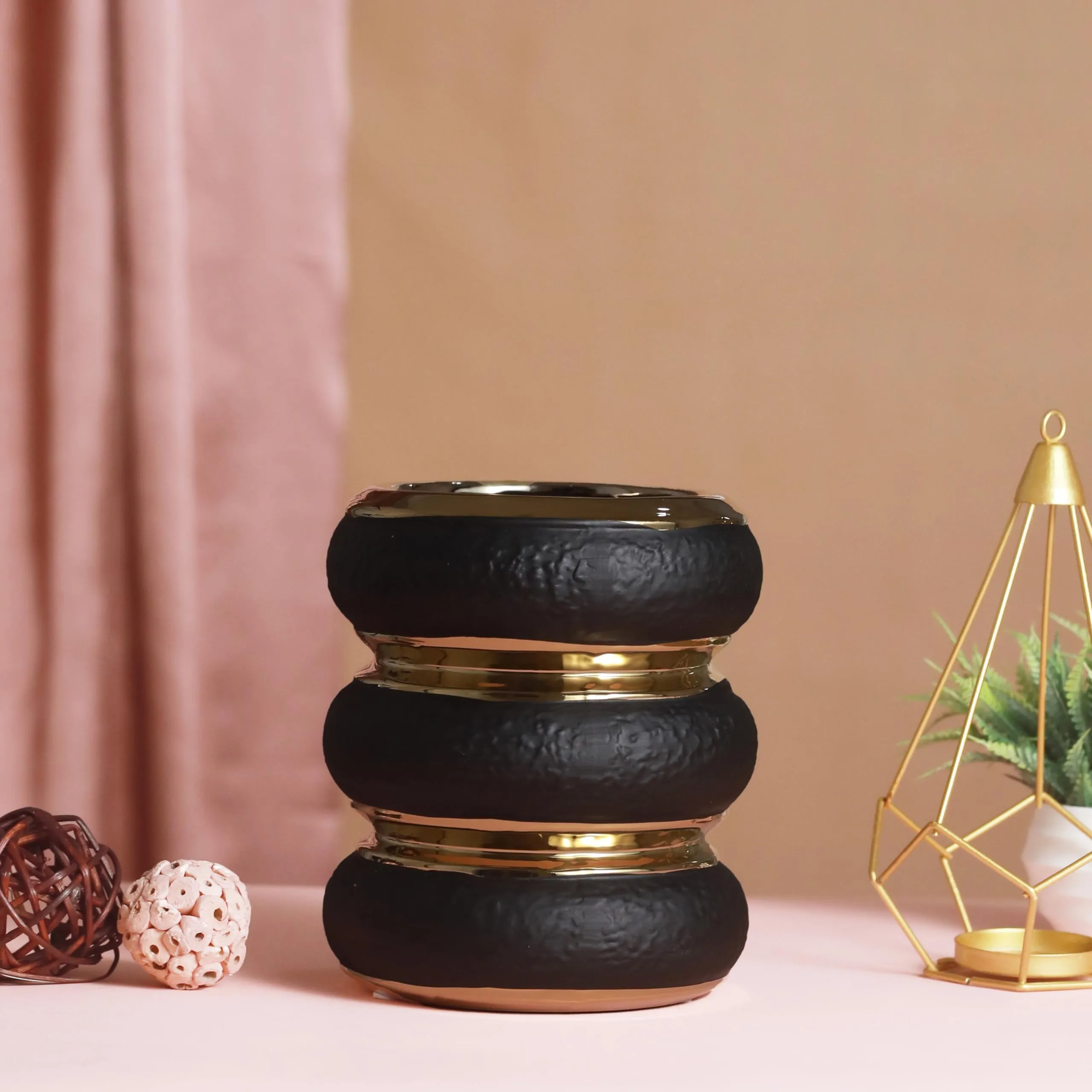 TIED RIBBONS Round Ceramic Vase (Black, 19 cm x 13.5 cm) for Home Decor Flowers Plants Living Room Bedroom Centrepiece Office Table Decoration Items