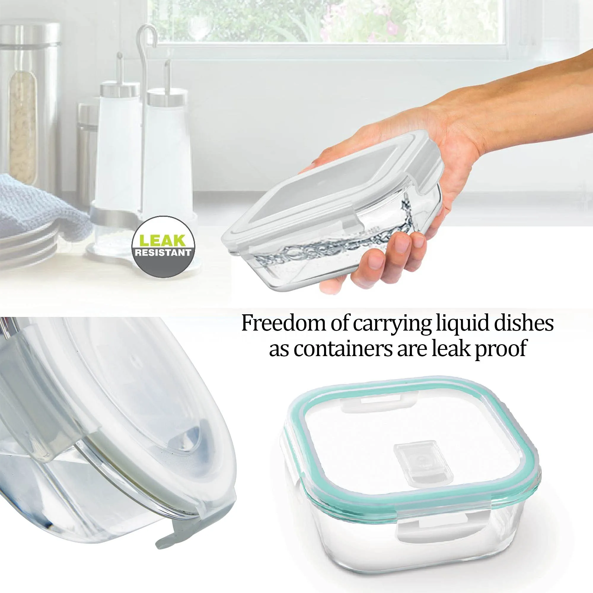 Treo by Milton All Fresh Square Glass Tiffin Containers With Insulated Jacket, 3 Containers, 320 ml Each, Grey