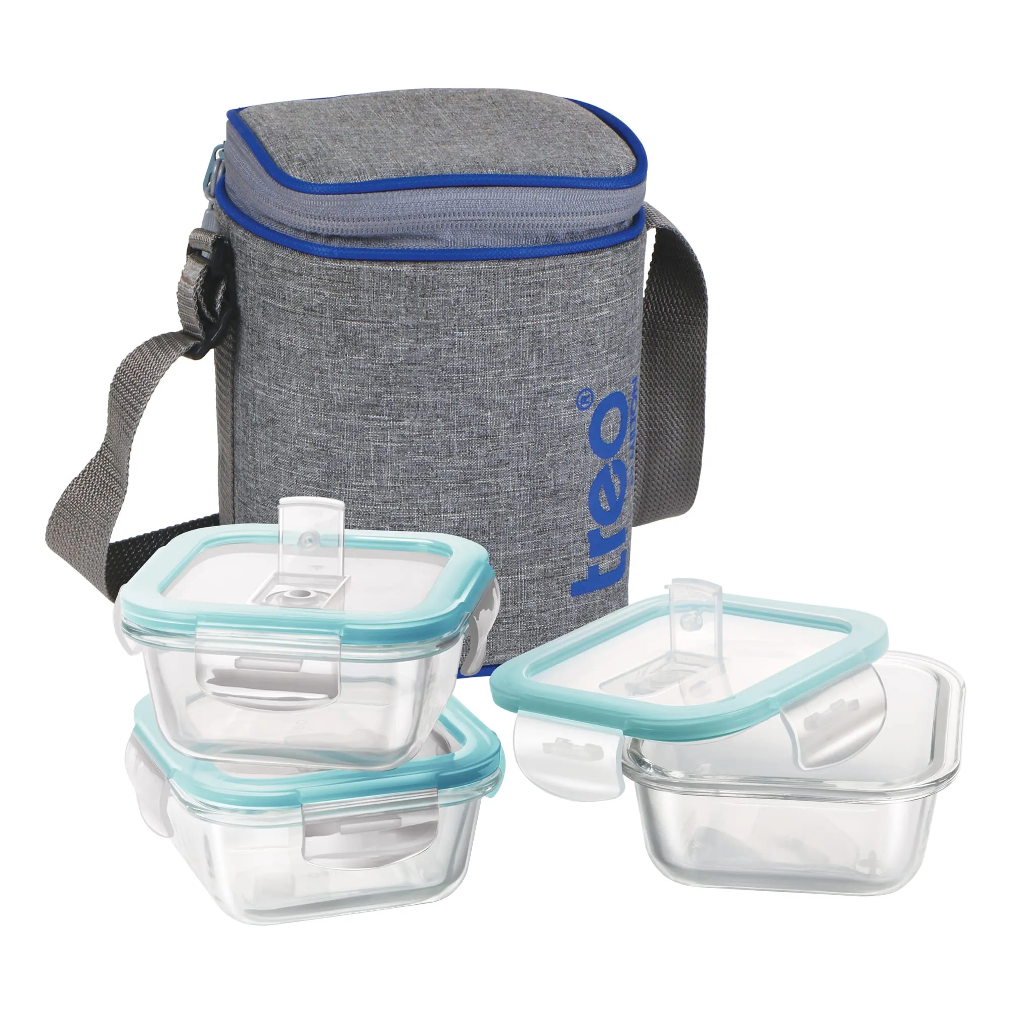 Treo by Milton All Fresh Square Glass Tiffin Containers With Insulated Jacket, 3 Containers, 320 ml Each, Grey