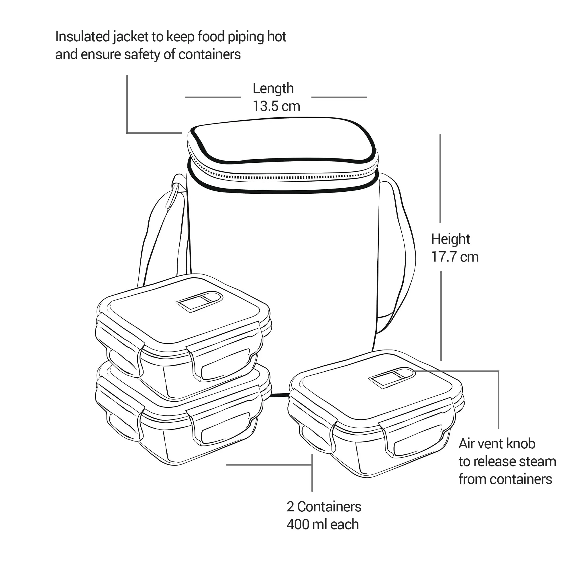 Treo by Milton All Fresh Square Glass Tiffin Containers With Insulated Jacket, 3 Containers, 320 ml Each, Grey