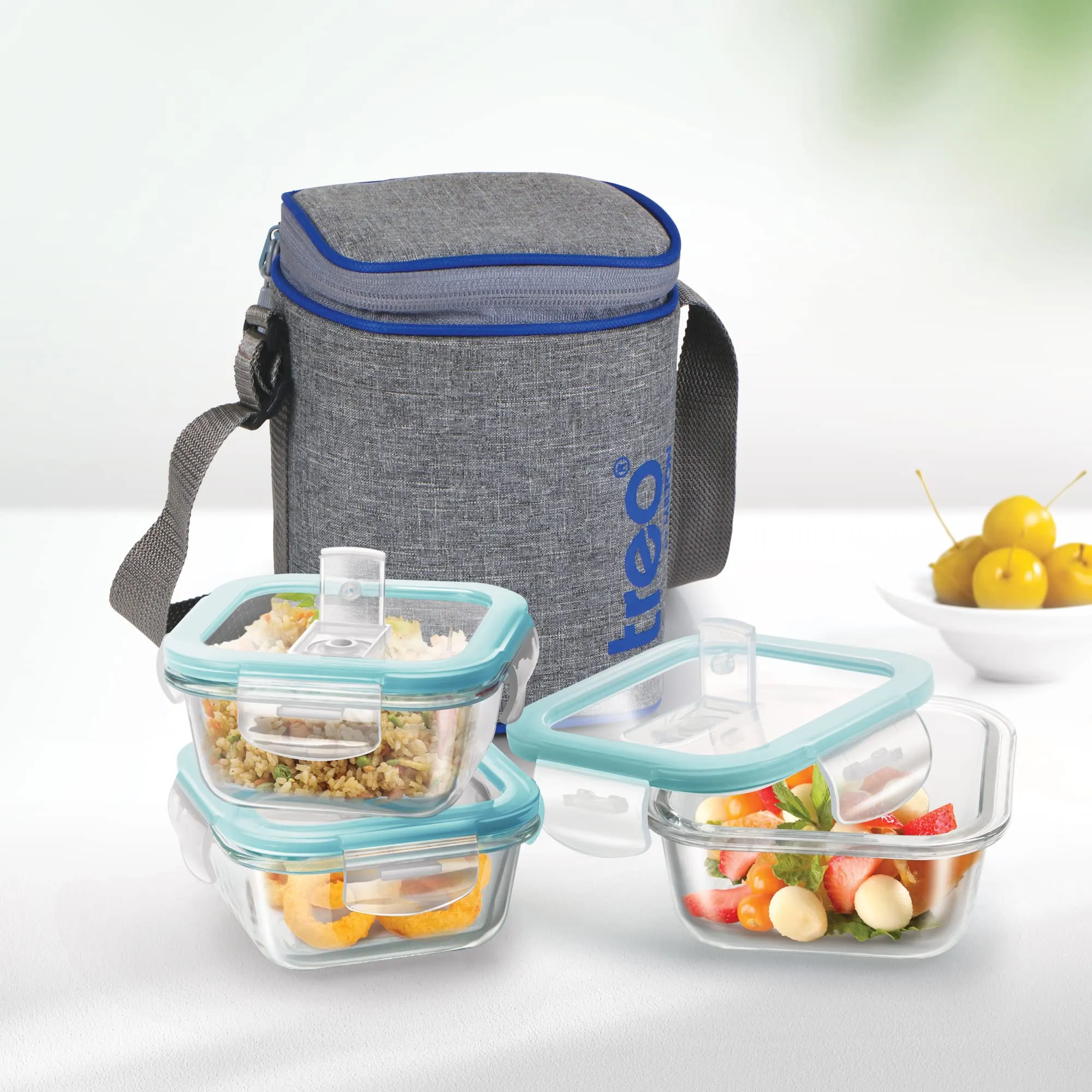 Treo by Milton All Fresh Square Glass Tiffin Containers With Insulated Jacket, 3 Containers, 320 ml Each, Grey