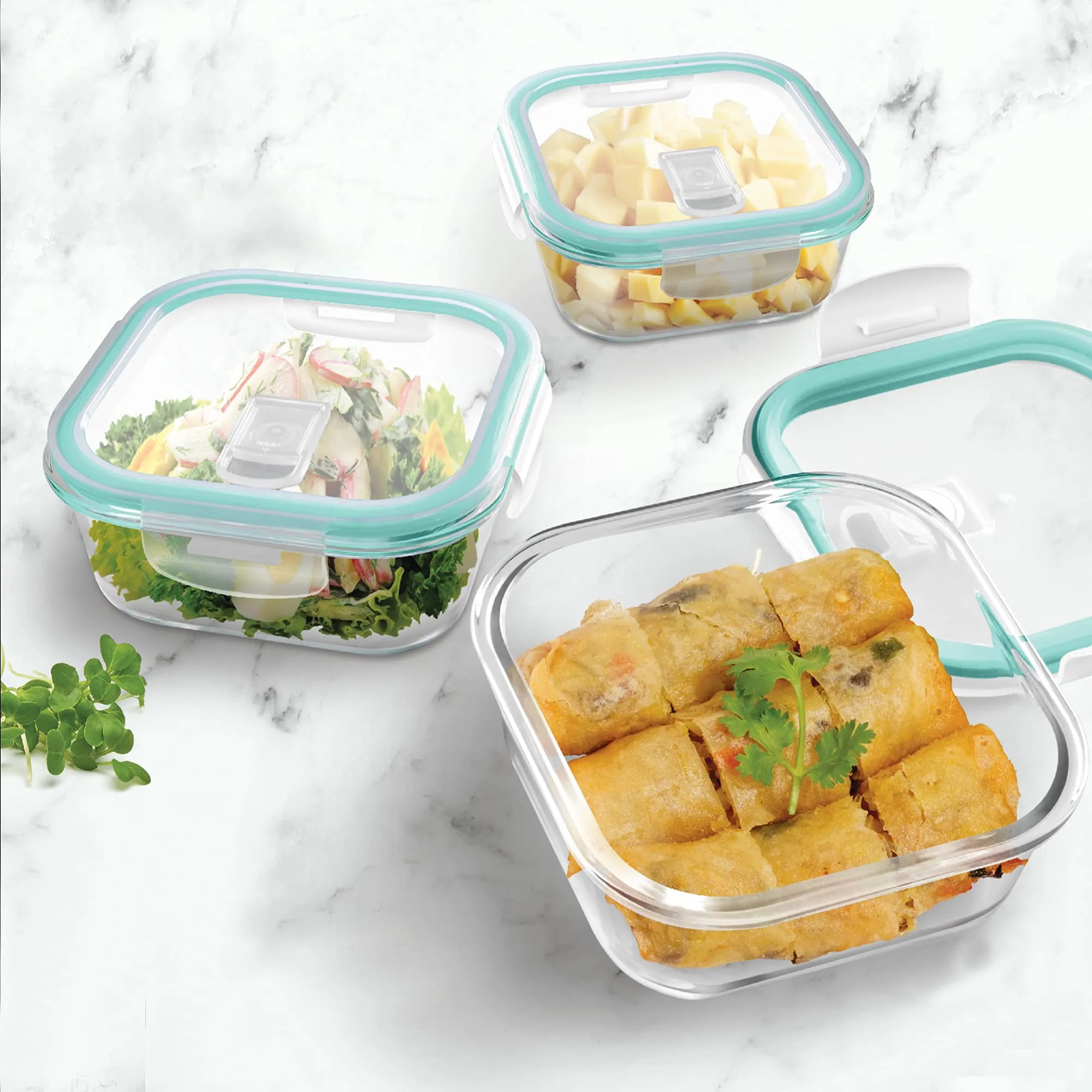 Treo by Milton All Fresh Square Glass Tiffin Containers With Insulated Jacket, 3 Containers, 320 ml Each, Grey