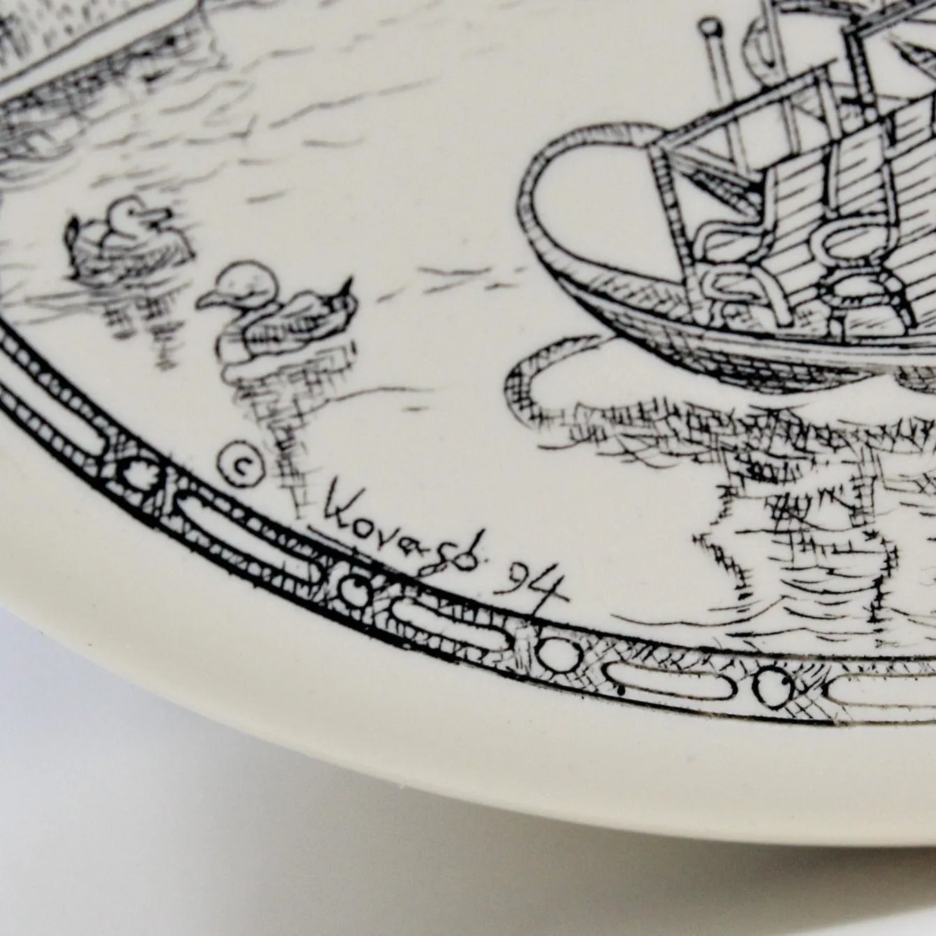 Trinket Box, Scrimshaw Style, Hand Carved, Swan Boats, Signed, 1994