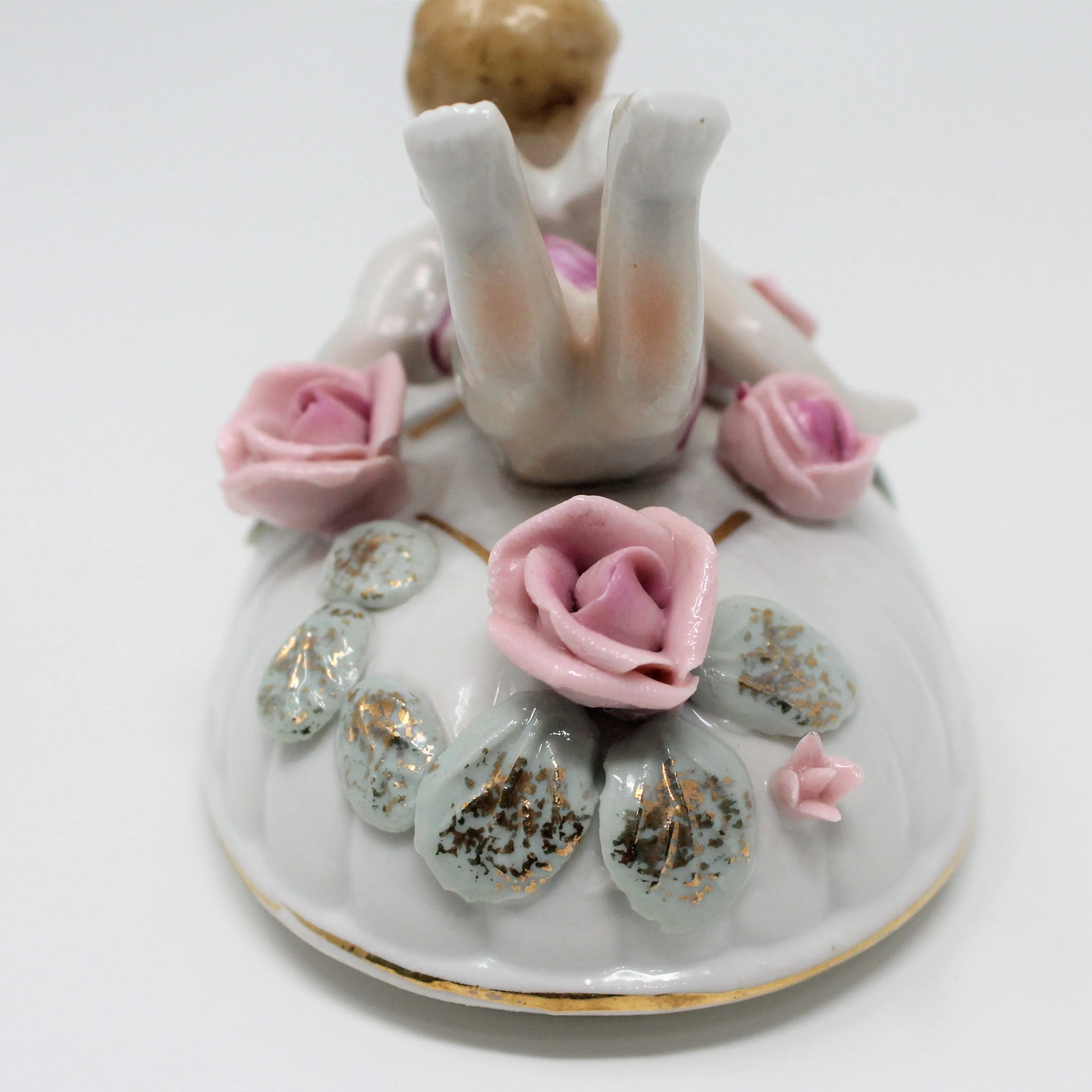 Trinket Box, Ucagco, Cherub Angel, Hand Painted, Porcelain Applied Roses, Vintage