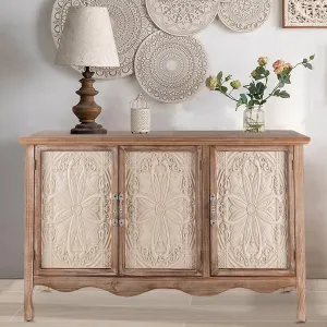 versatile Accent Cabinet Rustic Storage Cabinet with 3 Carved Doors, Vintage Sideboard Buffet Cabinet with Shelves, Wood Entryway Cabinet for Kitchen, Dining Room, Living Room, Bedroom, Natural