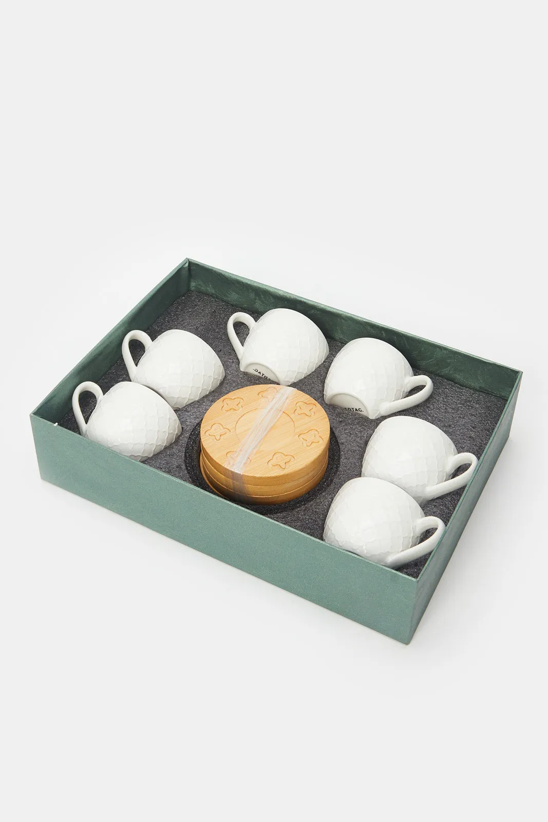 White Stripe Tea Cup Set With Bamboo Coaster (12 Piece)