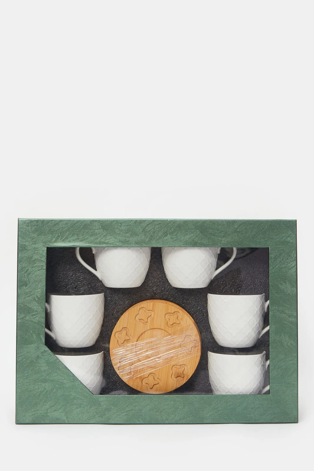 White Stripe Tea Cup Set With Bamboo Coaster (12 Piece)