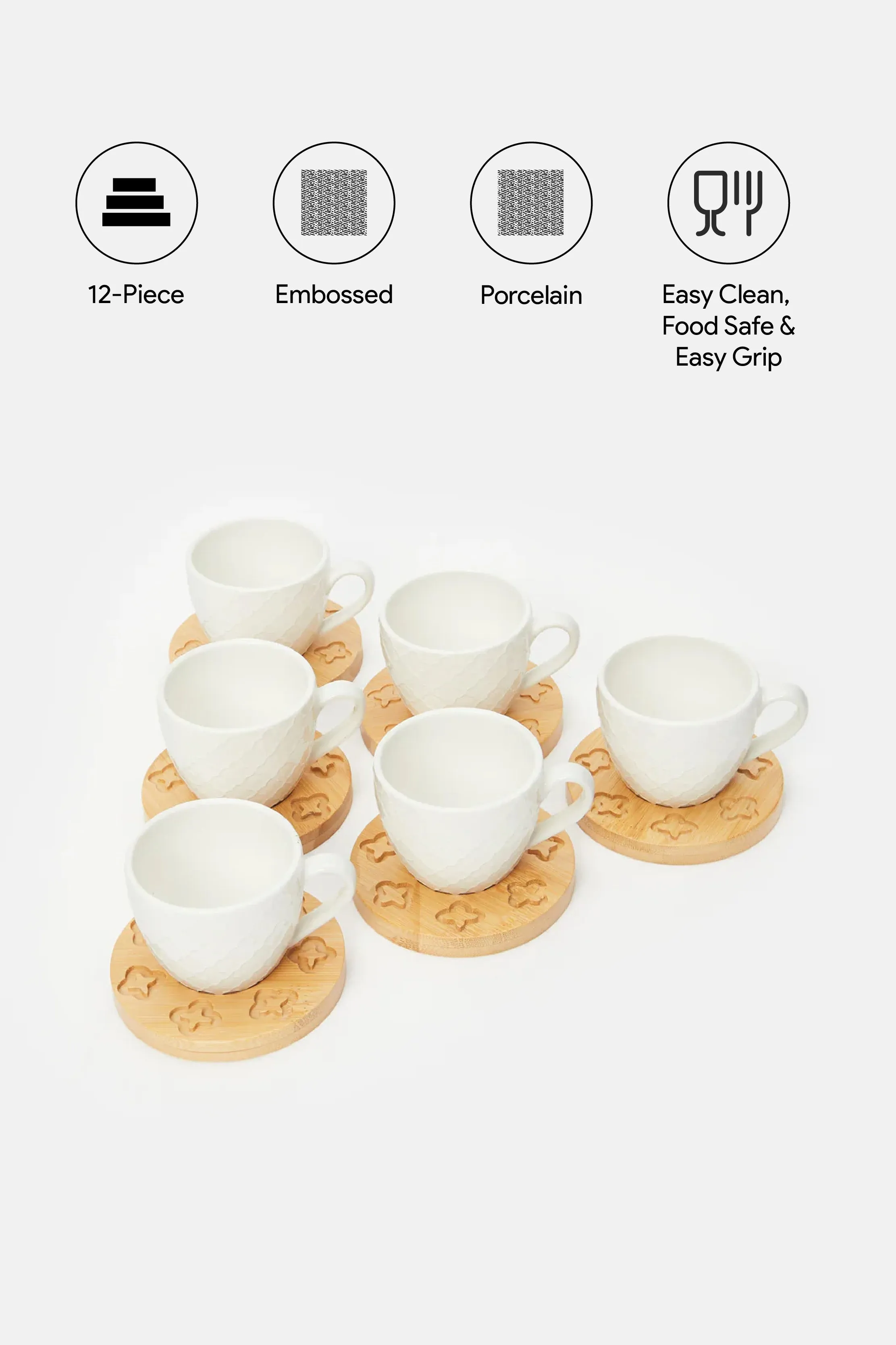 White Stripe Tea Cup Set With Bamboo Coaster (12 Piece)