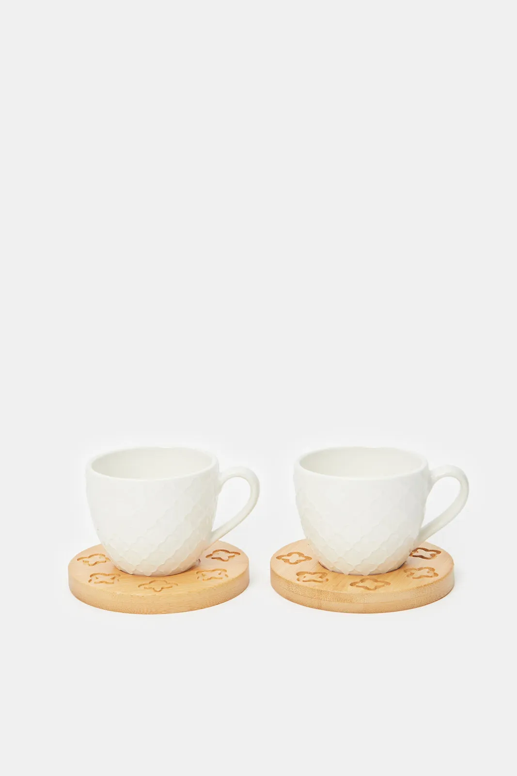 White Stripe Tea Cup Set With Bamboo Coaster (12 Piece)
