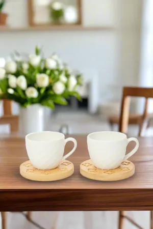 White Stripe Tea Cup Set With Bamboo Coaster (12 Piece)