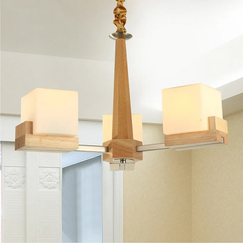 Wooden Nordic Chandelier with Glass Cube Shades - 3/5/8 Heads Ceiling Lamp for Living Room Lighting
