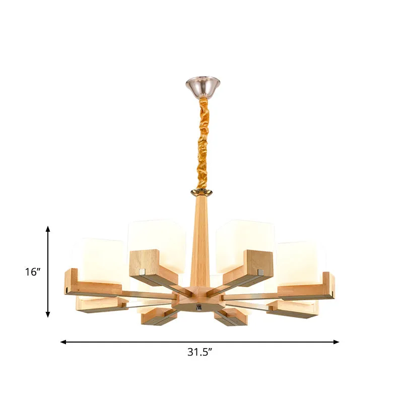 Wooden Nordic Chandelier with Glass Cube Shades - 3/5/8 Heads Ceiling Lamp for Living Room Lighting